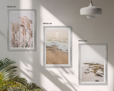 Gerahmtes bilderset Strandgras, Wellen, Steine, Boho-Stil