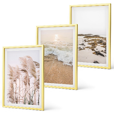 Gerahmtes bilderset Strandgras, Wellen, Steine, Boho-Stil