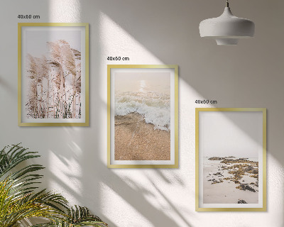 Gerahmtes bilderset Strandgras, Wellen, Steine, Boho-Stil