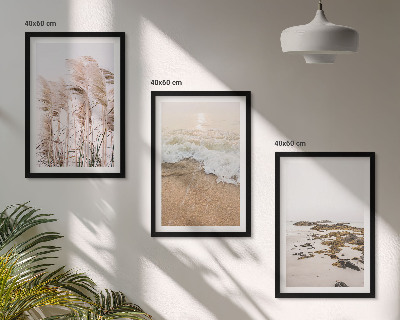 Gerahmtes bilderset Strandgras, Wellen, Steine, Boho-Stil