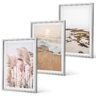 Gerahmtes bilderset Strandgras, Wellen, Steine, Boho-Stil