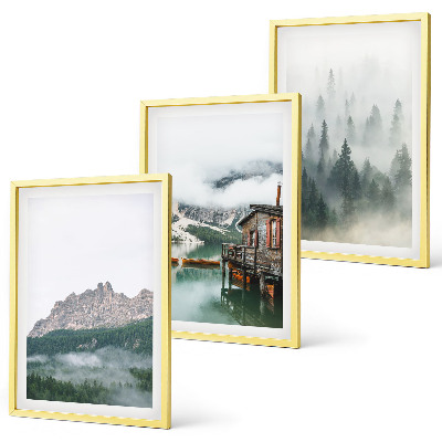 Gerahmtes bilderset Berge, See, Hütte, Nebel