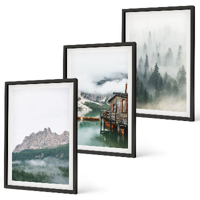 Gerahmtes bilderset Berge, See, Hütte, Nebel