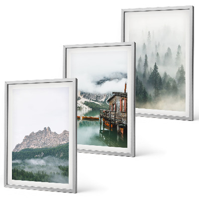 Gerahmtes bilderset Berge, See, Hütte, Nebel