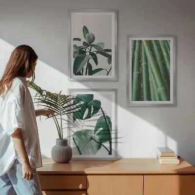 Bambusstängel und Monstera-Blätter Bilder-Set 3er-Set mit Rahmen