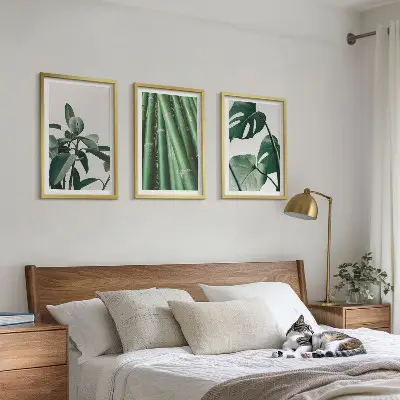Bambusstängel und Monstera-Blätter Bilder-Set 3er-Set mit Rahmen