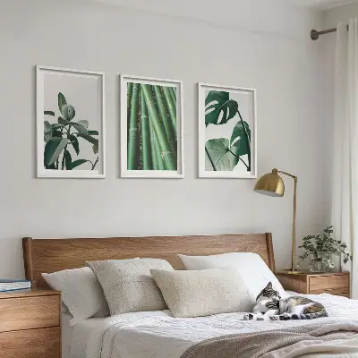 Bambusstängel und Monstera-Blätter Bilder-Set 3er-Set mit Rahmen