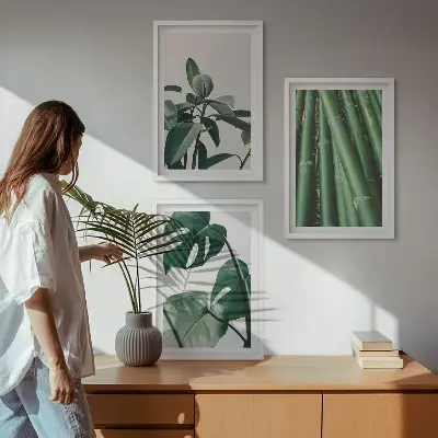 Bambusstängel und Monstera-Blätter Bilder-Set 3er-Set mit Rahmen