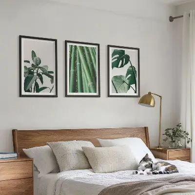Bambusstängel und Monstera-Blätter Bilder-Set 3er-Set mit Rahmen