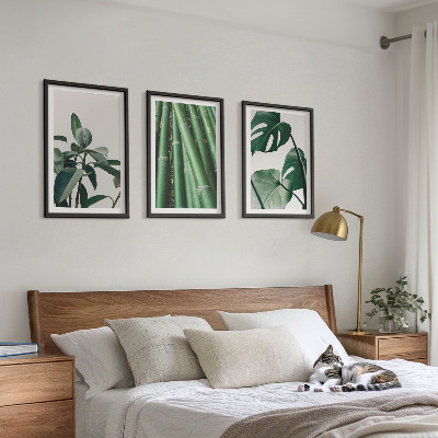 Bilder-3er-set mit rahmen Bambusstängel und Monstera-Blätter