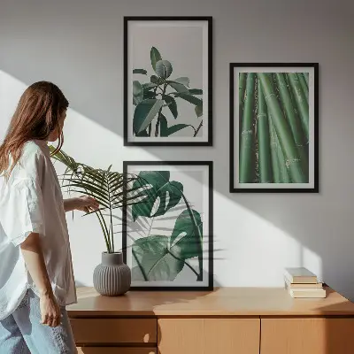 Bambusstängel und Monstera-Blätter Bilder-Set 3er-Set mit Rahmen
