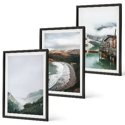 Gerahmtes Bilderset mit Motiven von Bergen, Strand, Wolken und Wasser