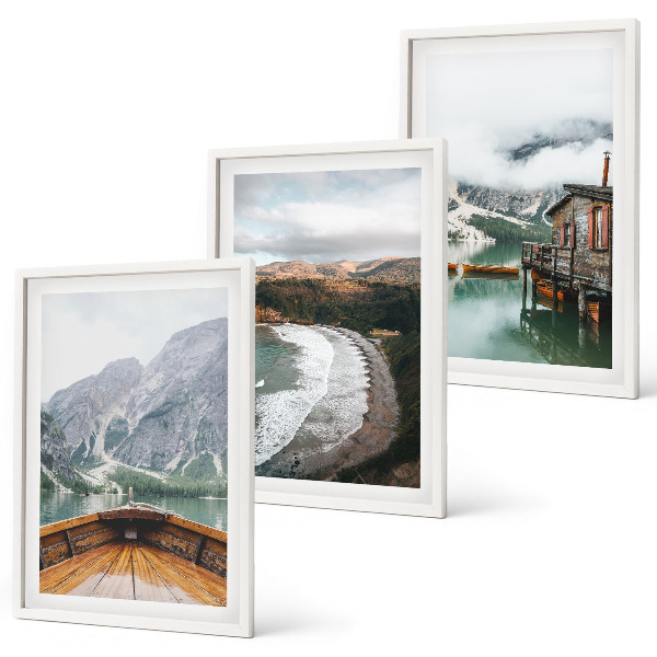 Gerahmtes bilderset Berge, See, Boot, Strand, Landschaft