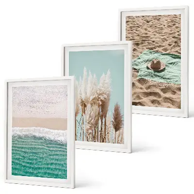 Gerahmtes Bilderset Strandwellen mit Grashut