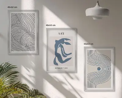 Abstrakte blaue Linien Bilder-3er-Set mit Rahmen
