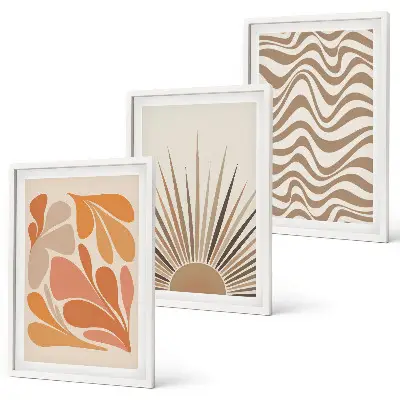 3er-Set Wandbilder mit Rahmen im Sonnen Motiv mit Boho-Elementen in Pastelltönen