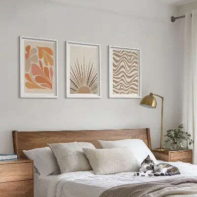 3er-Set Wandbilder mit Rahmen im Sonnen Motiv mit Boho-Elementen in Pastelltönen
