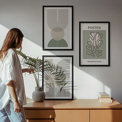 Gerahmtes Bilderset mit geometrischen botanischen Mustern
