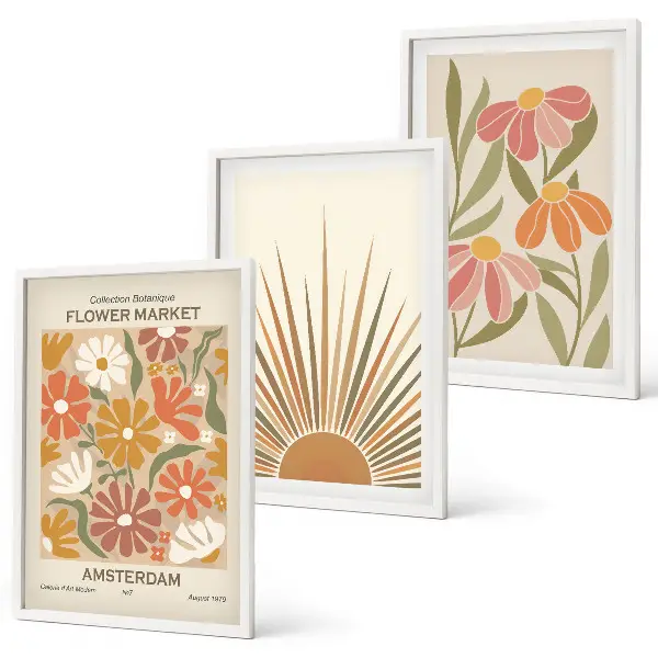 Pastellfarbene Sonnenblumen Bilder-3er-Set mit Rahmen