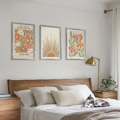 Pastellfarbene Sonnenblumen Bilder-3er-Set mit Rahmen