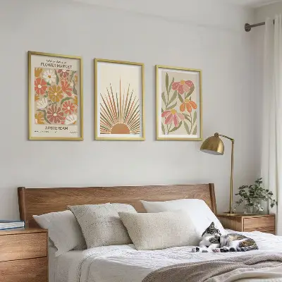 Pastellfarbene Sonnenblumen Bilder-3er-Set mit Rahmen