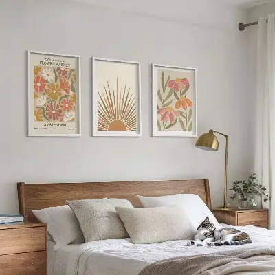 Pastellfarbene Sonnenblumen Bilder-3er-Set mit Rahmen