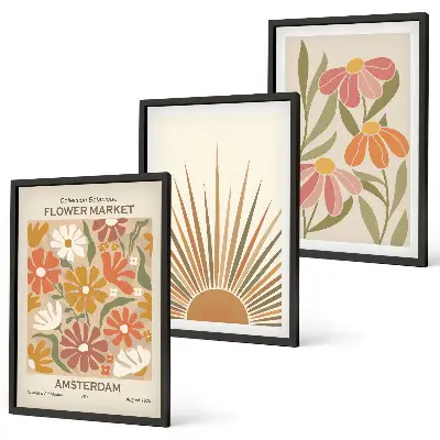 Pastellfarbene Sonnenblumen Bilder-3er-Set mit Rahmen