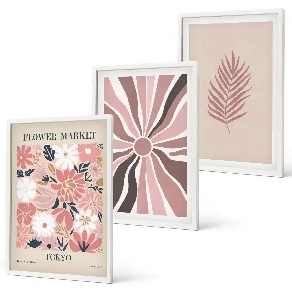Florale Blattmuster und Geometrie 3er-Set Bilder mit Rahmen