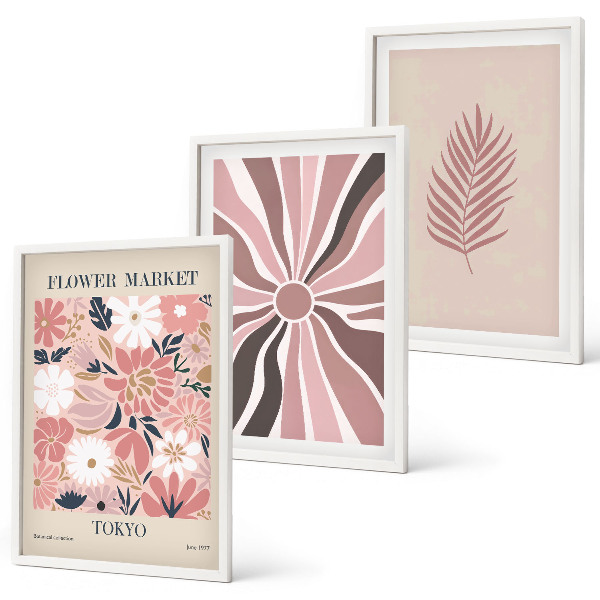 Bilder-3er-set mit rahmen Florale Blattmuster und Geometrie