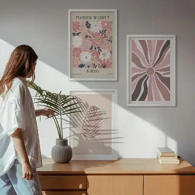 Florale Blattmuster und Geometrie 3er-Set Bilder mit Rahmen