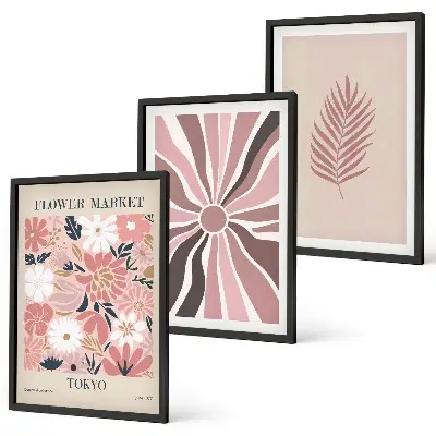 Florale Blattmuster und Geometrie 3er-Set Bilder mit Rahmen