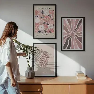 Florale Blattmuster und Geometrie 3er-Set Bilder mit Rahmen