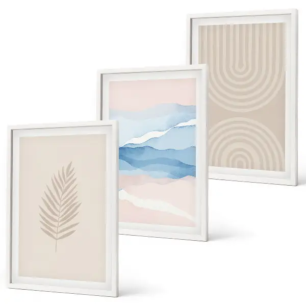 Blätterwellen beige blau Bilder-3er-Set mit Rahmen