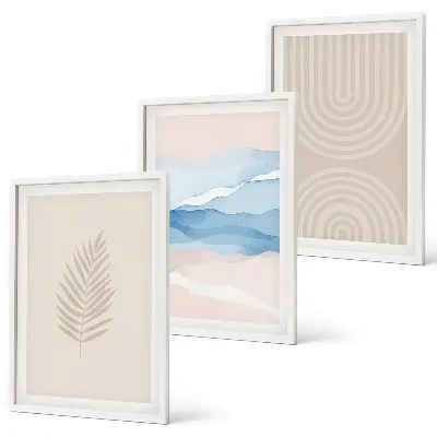 Blätterwellen beige blau Bilder-3er-Set mit Rahmen