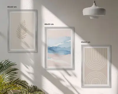 Blätterwellen beige blau Bilder-3er-Set mit Rahmen