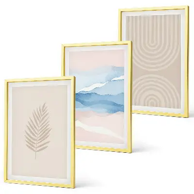 Blätterwellen beige blau Bilder-3er-Set mit Rahmen