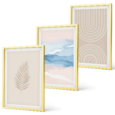 Bilder-3er-set mit rahmen Blätterwellen beige blau