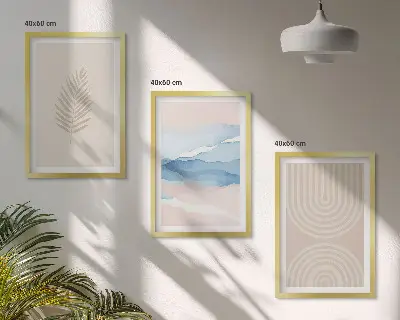 Blätterwellen beige blau Bilder-3er-Set mit Rahmen