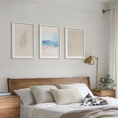 Blätterwellen beige blau Bilder-3er-Set mit Rahmen