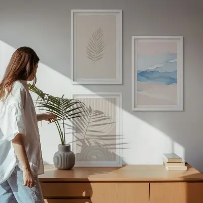 Blätterwellen beige blau Bilder-3er-Set mit Rahmen