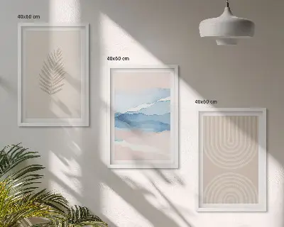 Blätterwellen beige blau Bilder-3er-Set mit Rahmen