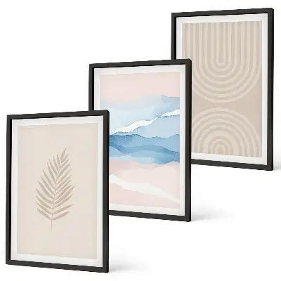 Blätterwellen beige blau Bilder-3er-Set mit Rahmen