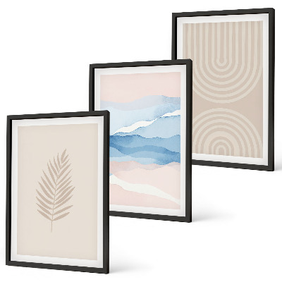 Bilder-3er-set mit rahmen Blätterwellen beige blau