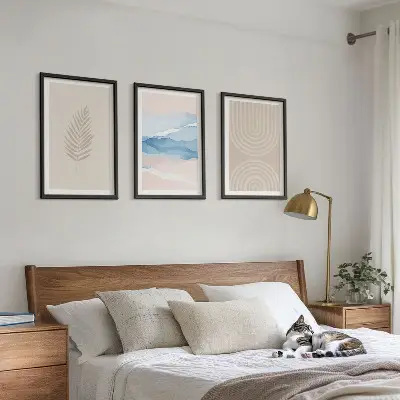 Blätterwellen beige blau Bilder-3er-Set mit Rahmen