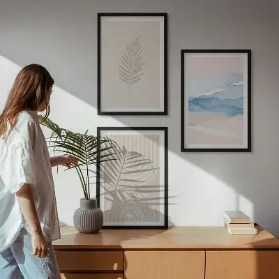 Blätterwellen beige blau Bilder-3er-Set mit Rahmen