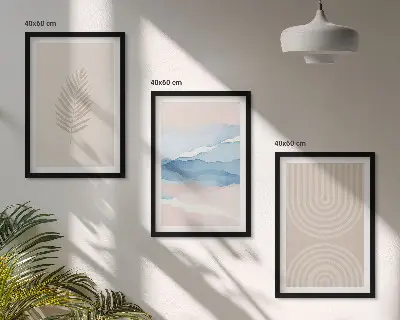 Blätterwellen beige blau Bilder-3er-Set mit Rahmen