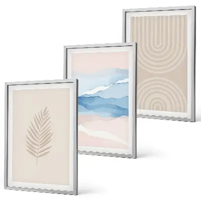 Blätterwellen beige blau Bilder-3er-Set mit Rahmen