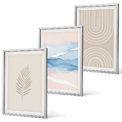 Bilder-3er-set mit rahmen Blätterwellen beige blau