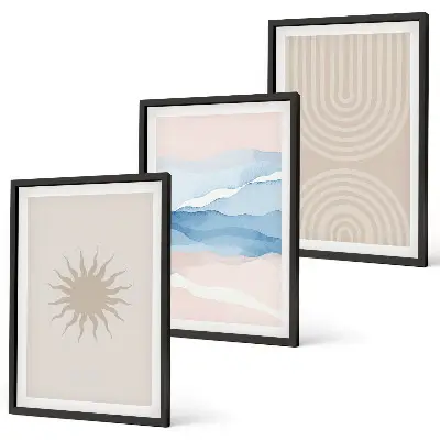 Gerahmtes Bilderset abstrakte Sonnenwellen mit pastellfarbenen Linien