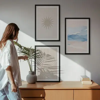 Gerahmtes Bilderset abstrakte Sonnenwellen mit pastellfarbenen Linien